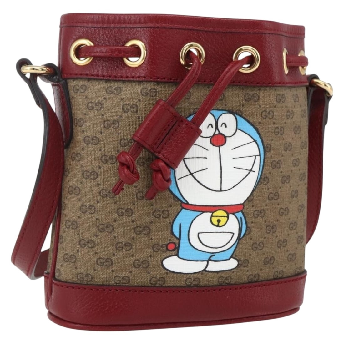 Gucci Doraemon Beige Micro GG Supreme PVC Leather Shoulder Bag 647801: Gucci Doraemon Beige Micro GG Supreme PVC Leather Shoulder Bag 647801 This Gucci Micro GG Supreme Doraemon shoulder bag features a beige and gold color scheme crafted from PVC leather and micro small 