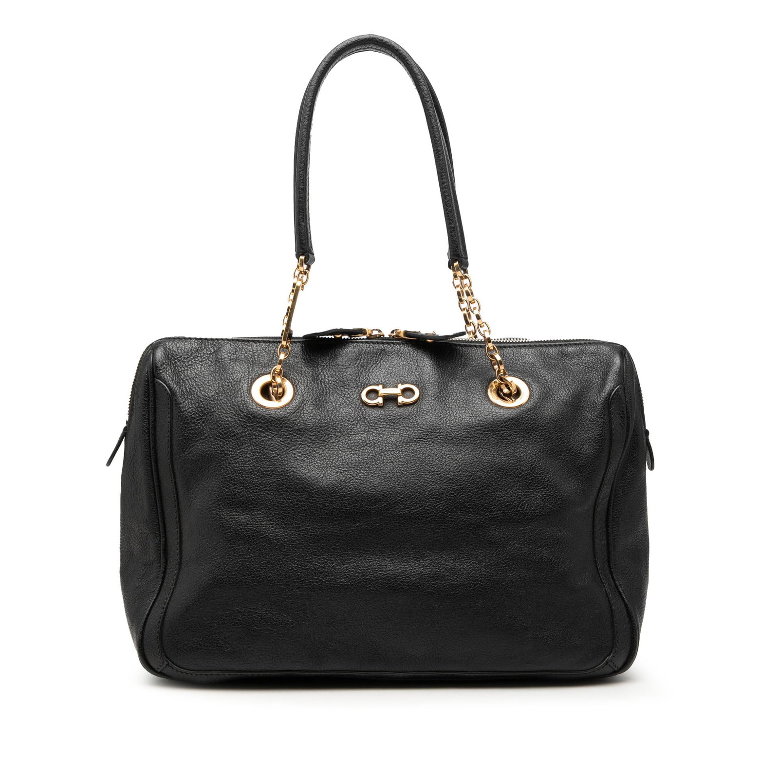 Ferragamo Fanya Chain Black Leather Tote: Ferragamo Fanya Chain Black Leather Tote This Ferragamo Fanya Chain Tote is crafted from buffalo leather in black and features a gold-tone chain with flat leather straps. The bag is designed with a to