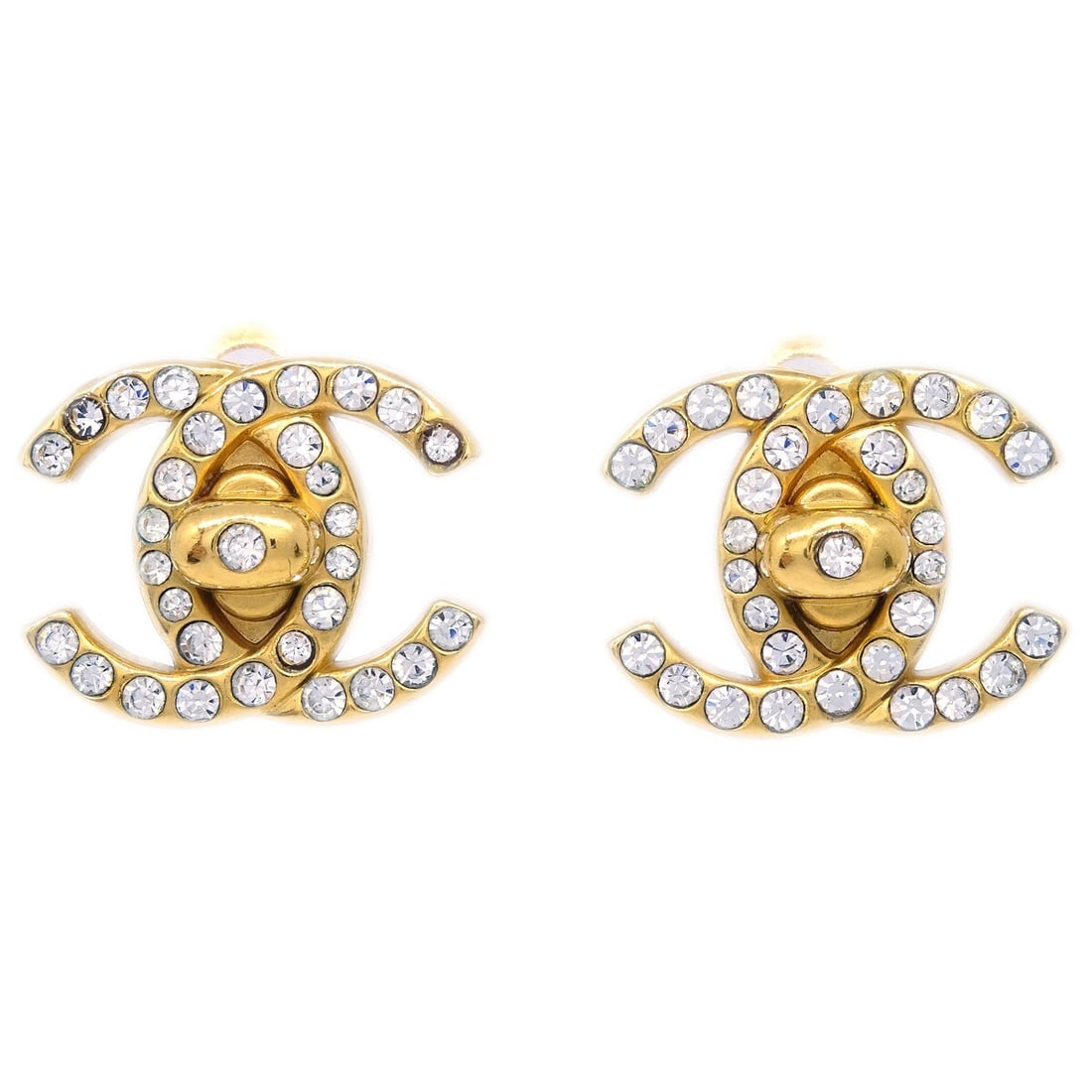 CHANEL 96A CC Logo Clip-On Earrings Gold Plated Rhinestone (1 of 4)
