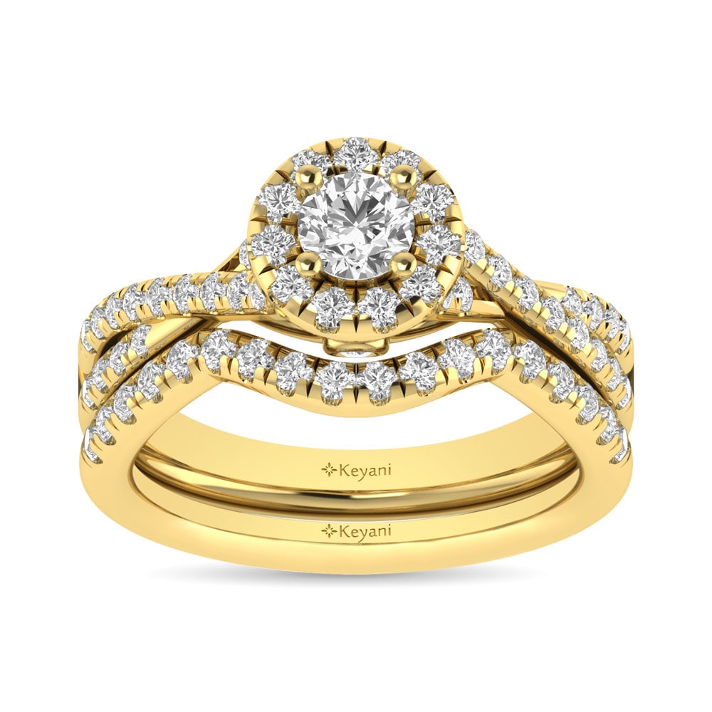 Diamond Twist Shank Single Halo Bridal Ring 1 Ct.tw Round Cut in 14K Yellow Gold: Diamond Twist Shank Single Halo Bridal Ring 1 Ct.tw Round Cut in 14K Yellow Gold This Twist Shank Single Halo Bridal Ring set with Round Cut diamond 1/3 Ct.Tw. center. Total diamond weight 1 Ct.Tw. 14