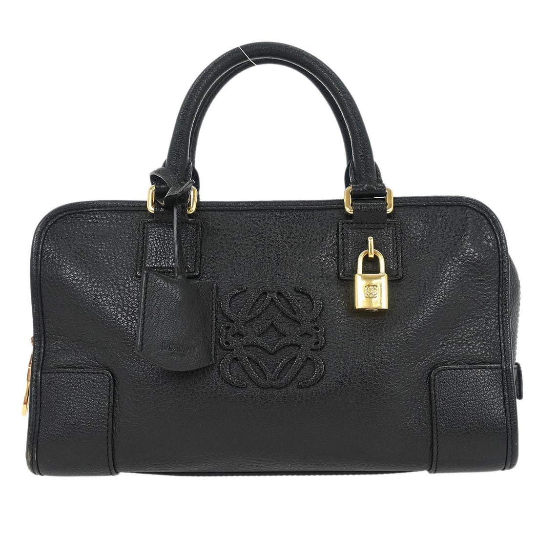 Loewe Amazona 28 Black Leather Top Handle Bag with Padlock Keys: Loewe Amazona 28 Black Leather Top Handle Bag with Padlock Keys Loewe Amazona 28 handbag in black leather with double handles and a zip closure. This medium top handle bag features a red lining, inner