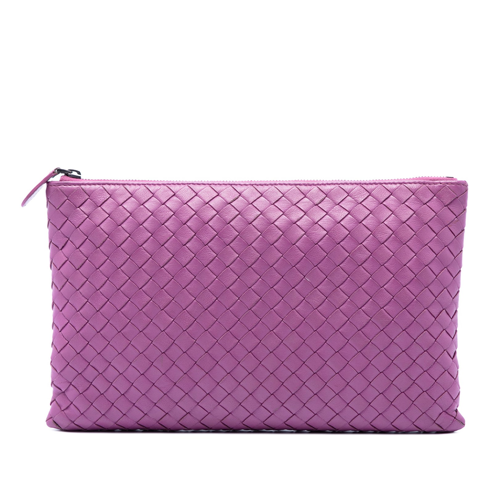 Purple woven leather zip clutch Bottega Veneta Nappa Intrecciato: Purple woven leather zip clutch Bottega Veneta Nappa Intrecciato Bottega Veneta Nappa Intrecciato clutch in purple woven nappa leather with a top zip closure. Made in Italy. Condition AB with wear to 