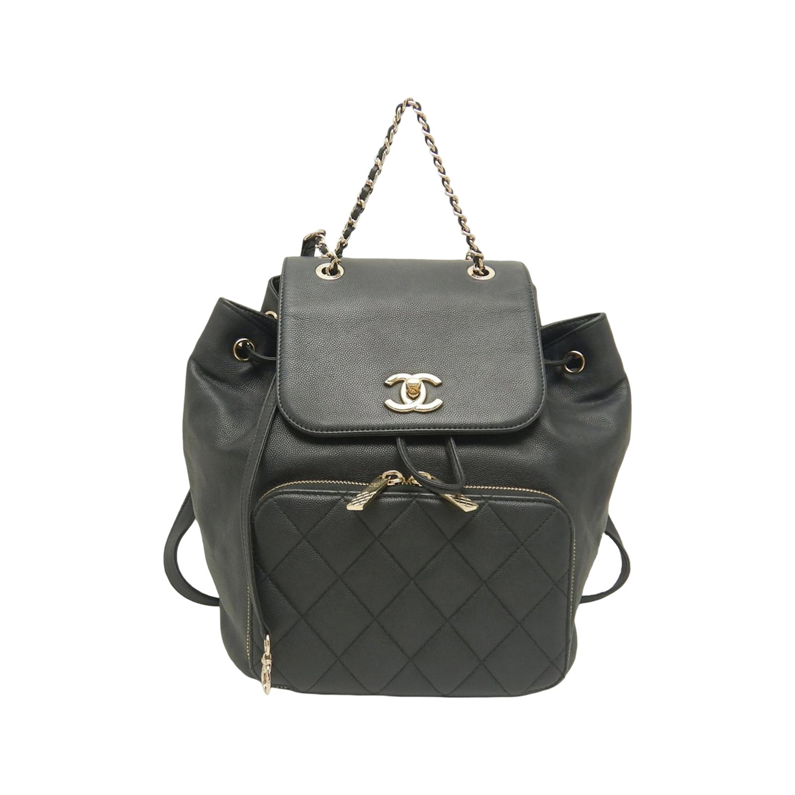 Chanel black caviar leather Business Affinity backpack: Chanel black caviar leather Business Affinity backpack This Chanel Business Affinity Caviar Backpack is crafted from black caviar leather and features a leather-woven chain top handle, flat leather ba