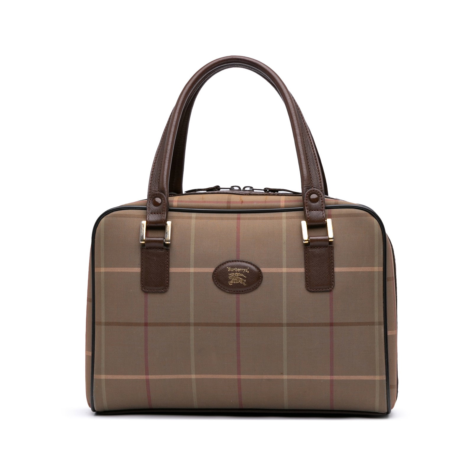 Burberry Vintage Check Canvas Tote with Leather Trim: Burberry Vintage Check Canvas Tote with Leather Trim This Burberry Vintage Check Canvas Handbag features the iconic check canvas body complemented by leather trim and flat leather handles. It is desig