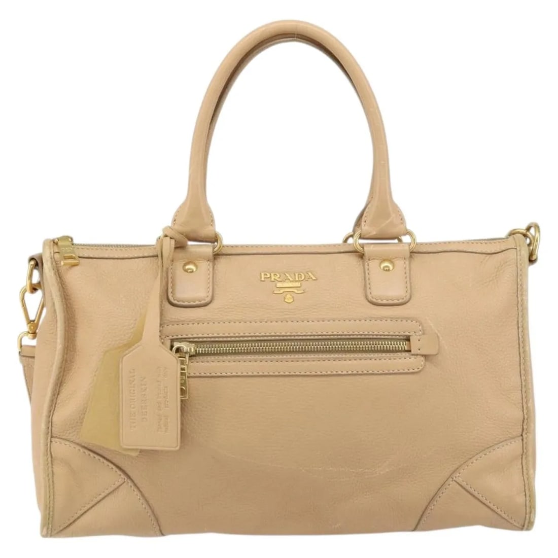 Prada Cervo Leather Convertible Satchel with Front Zip Beige (1 of 18)