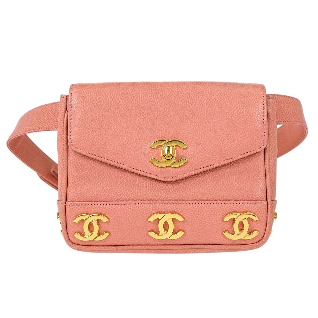 CHANEL Quilted Pink Caviar Leather Waist Bum Bag Small: CHANEL Quilted Pink Caviar Leather Waist Bum Bag Small Chanel quilted waist bum bag in pink caviar skin leather with a flap turnlock closure, adjustable belt strap, and interior zip pocket. This small