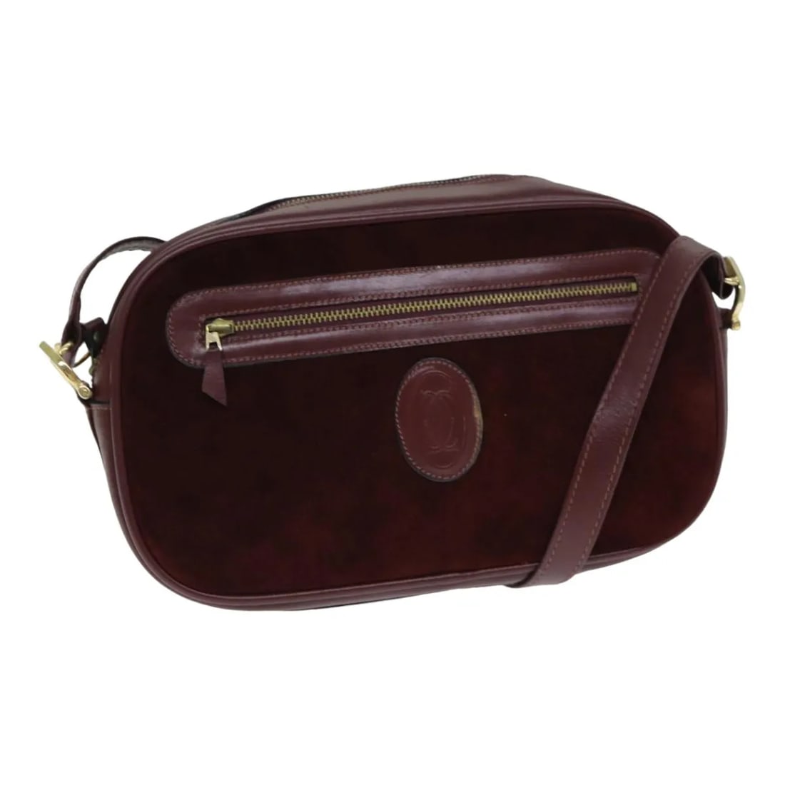 Cartier Vintage must de Cartier suede shoulder bag burgundy: Cartier Vintage must de Cartier suede shoulder bag burgundy Vintage must de Cartier suede bag in burgundy with leather trim and hardware. This piece is in good vintage condition with honest wear, incl