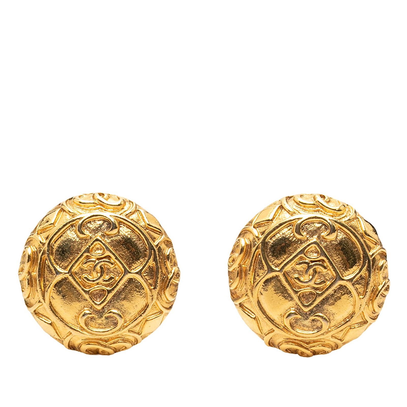 Chanel Round Gold Tone Metal Clip Earrings with CC Logo (1 of 3)