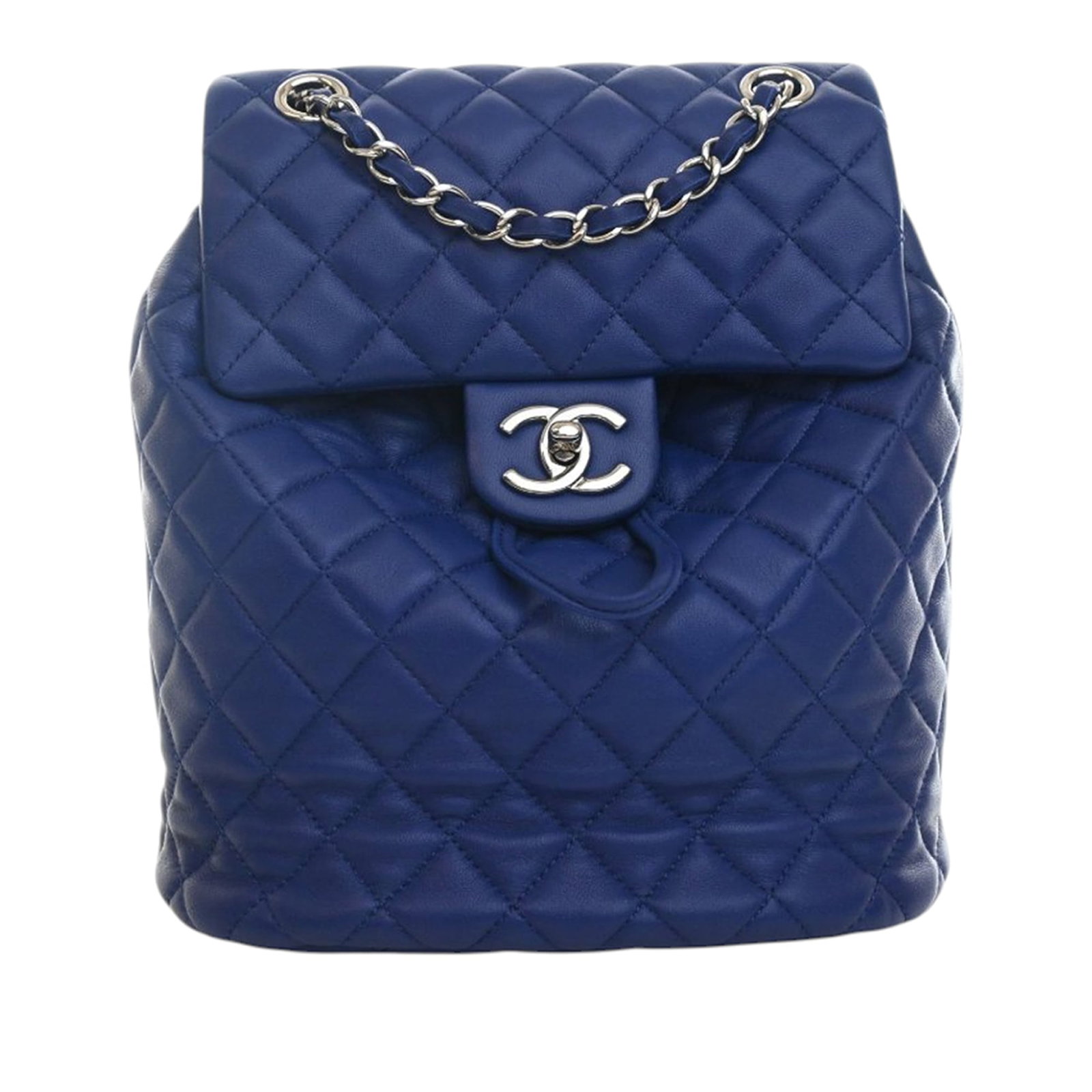 Chanel Urban Spirit lambskin backpack blue small: Chanel Urban Spirit lambskin backpack blue small This Chanel Small Lambskin Urban Spirit Backpack features a quilted lambskin leather body in blue, complemented by a leather woven chain top handle and