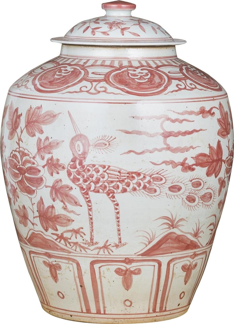 Handmade Coral Red Ceramic Ginger Jar with Bird Design (1 of 3)