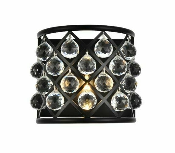 Madison Matte Black Crystal Ball Wall Sconce 1 Light: Madison Matte Black Crystal Ball Wall Sconce 1 Light This modern wall sconce features a matte black frame adorned with faceted clear crystal balls, creating a striking and elegant lighting accent for 