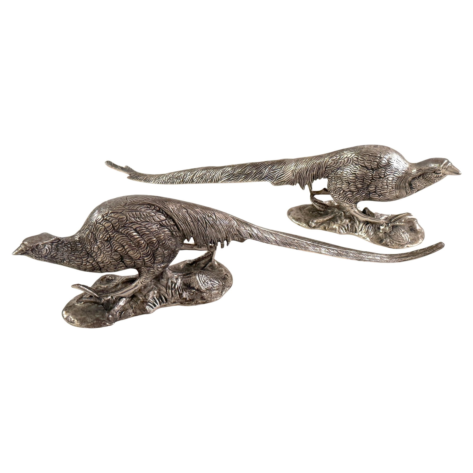 Exquisite Pair of Silverplated Bronze Pheasant Table Sculptures Italy 1960s: Exquisite Pair of Silverplated Bronze Pheasant Table Sculptures Italy 1960s This exquisite pair of large silver-plated bronze pheasant table ornaments, crafted in Italy circa the 1960s, showcases the 
