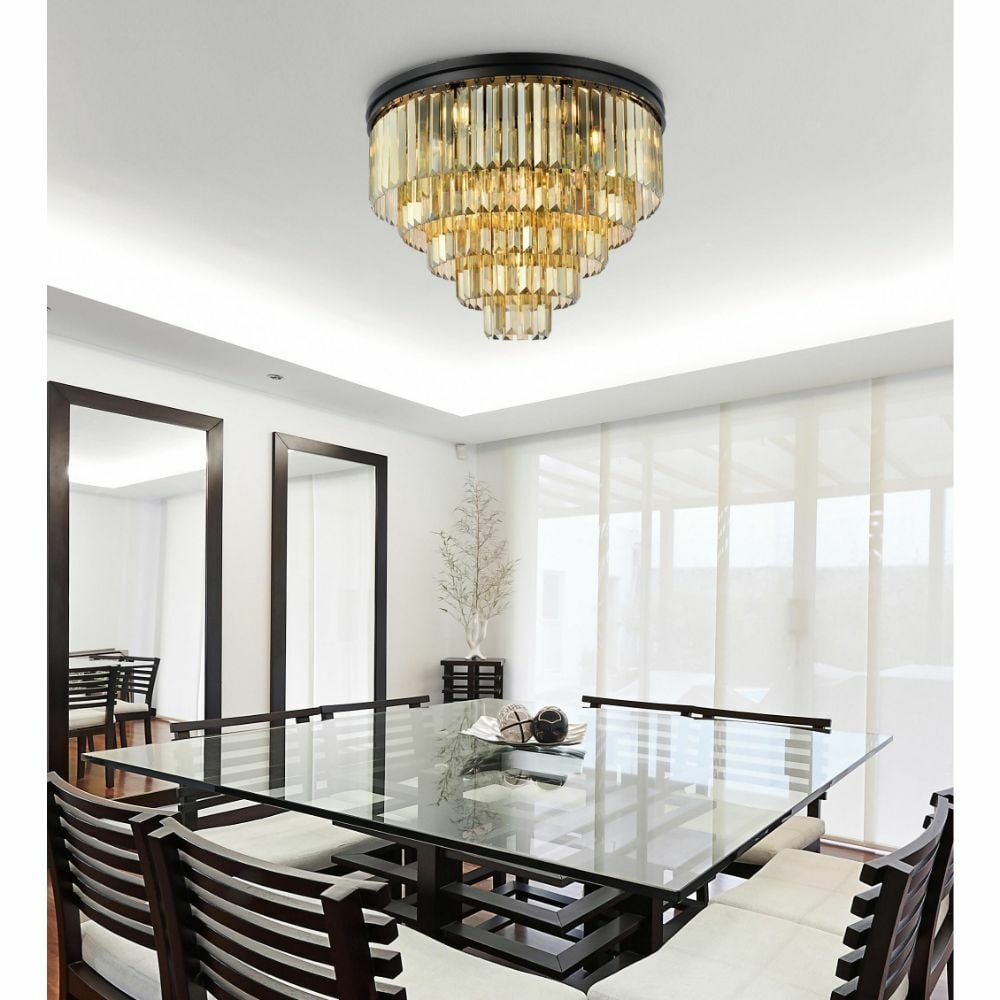 Sydney 17-Light Matte Black Flush Mount Chandelier 32 Inch: Sydney 17-Light Matte Black Flush Mount Chandelier 32 Inch This contemporary flush mount chandelier features a matte black frame adorned with golden teak royal cut crystals, creating a striking and el