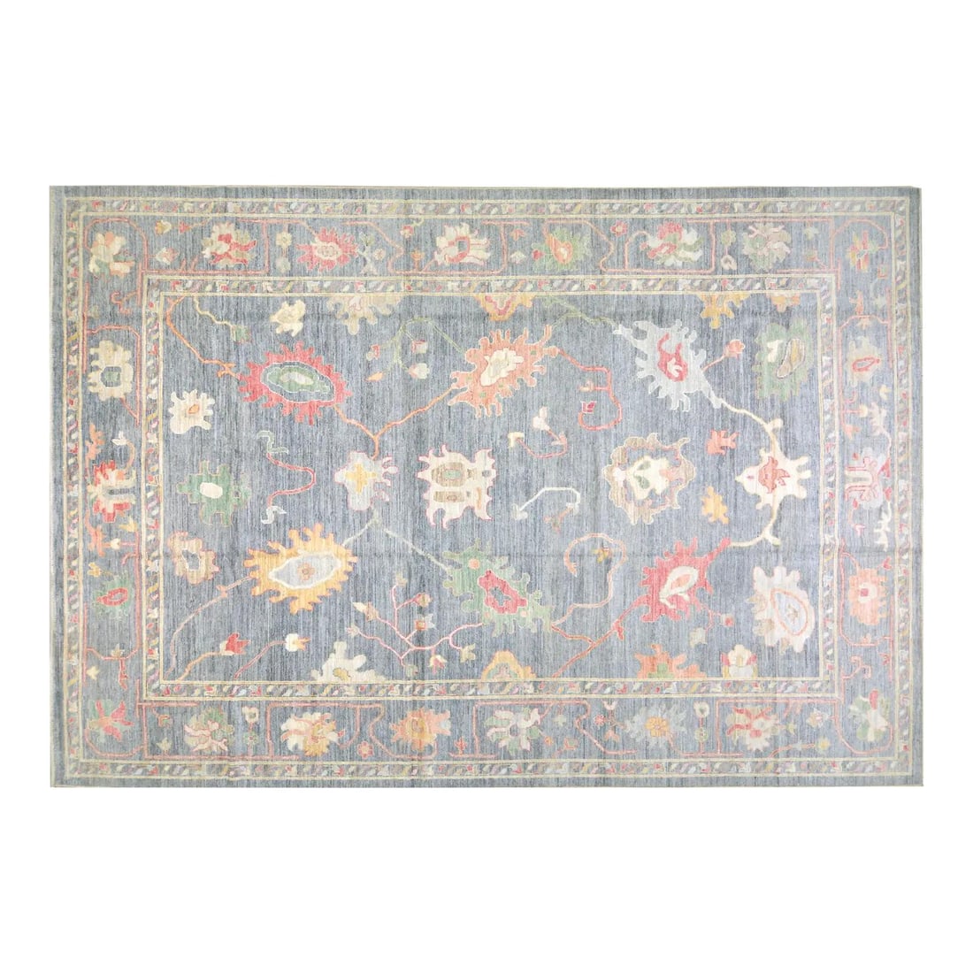 Slate Gray Wool Oushak Rug Hand Knotted 8'10" x 12': Slate Gray Wool Oushak Rug Hand Knotted 8'10" x 12' This Turkish Oushak rug is hand-knotted from wool using traditional techniques, offering a blend of timeless craftsmanship and modern design. Its du