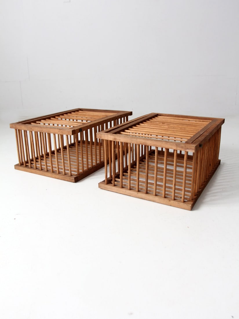 Mid 20th Century Vintage Wooden Farm Crates Pair with Hinged Lids: Mid 20th Century Vintage Wooden Farm Crates Pair with Hinged Lids This pair of vintage wooden farm crates dates back to the mid 20th century, showcasing a charming rustic appeal. Each crate is designe