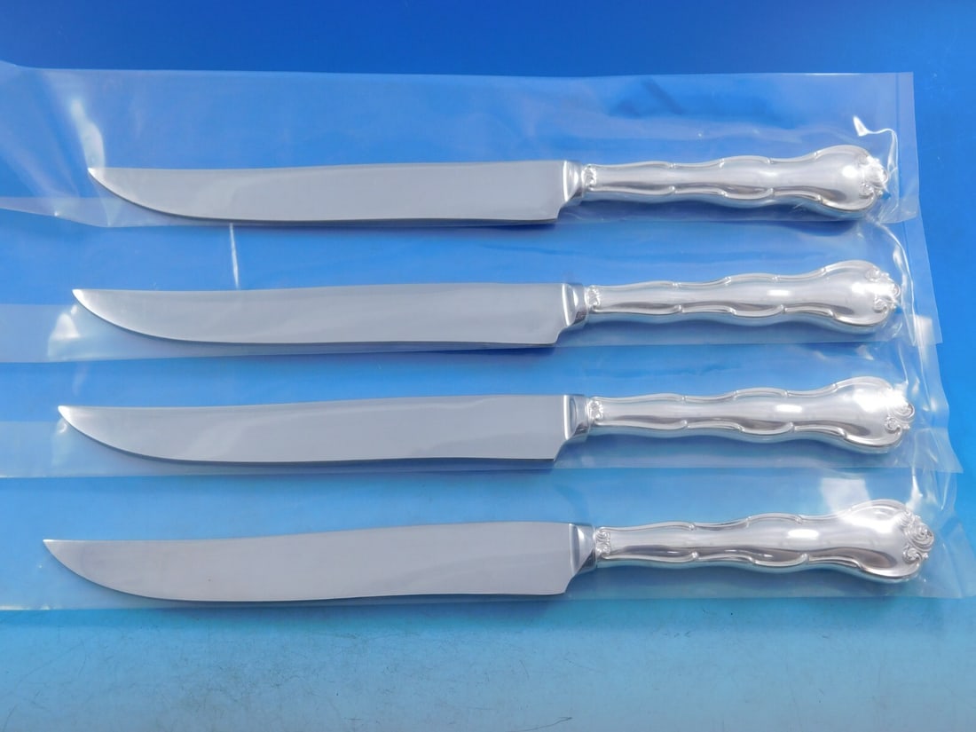 Gorham Rondo Sterling Silver Steak Knife Set 4pc Texas Sized 10in: Gorham Rondo Sterling Silver Steak Knife Set 4pc Texas Sized 10in Elevate your dining experience with this exquisite 4-piece steak knife set from the Rondo pattern by Gorham. Crafted from premium ster