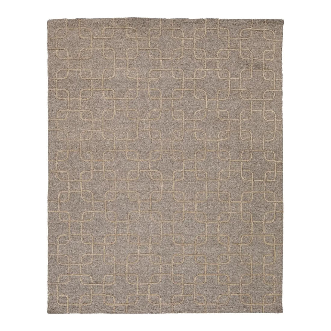 8' x 10' Hand Tufted Wool Rug with Taupe Cream Geometric Link Pattern: 8' x 10' Hand Tufted Wool Rug with Taupe Cream Geometric Link Pattern A sophisticated hand-tufted wool rug with a contemporary interlocking geometric link pattern. It features a subtle high-low textur