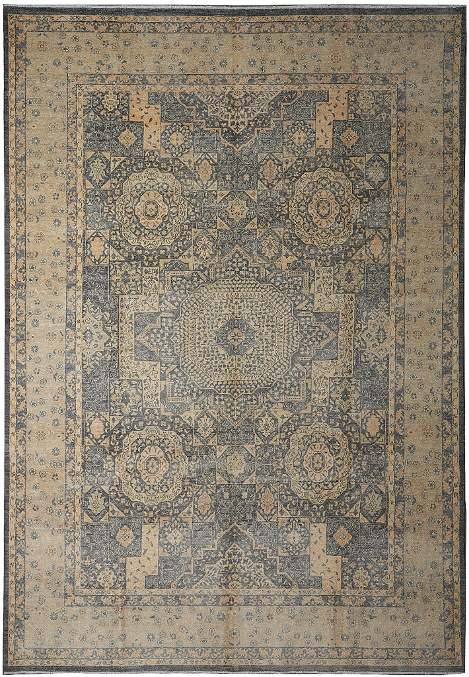 Handmade Chobi Area Rug 110 x 142 in Gray Green Wool Mamlook Pattern: Handmade Chobi Area Rug 110 x 142 in Gray Green Wool Mamlook Pattern Free continental US Shipping This handmade Chobi area rug features a neutral gray palette with subtle green accents, hand-knotted f