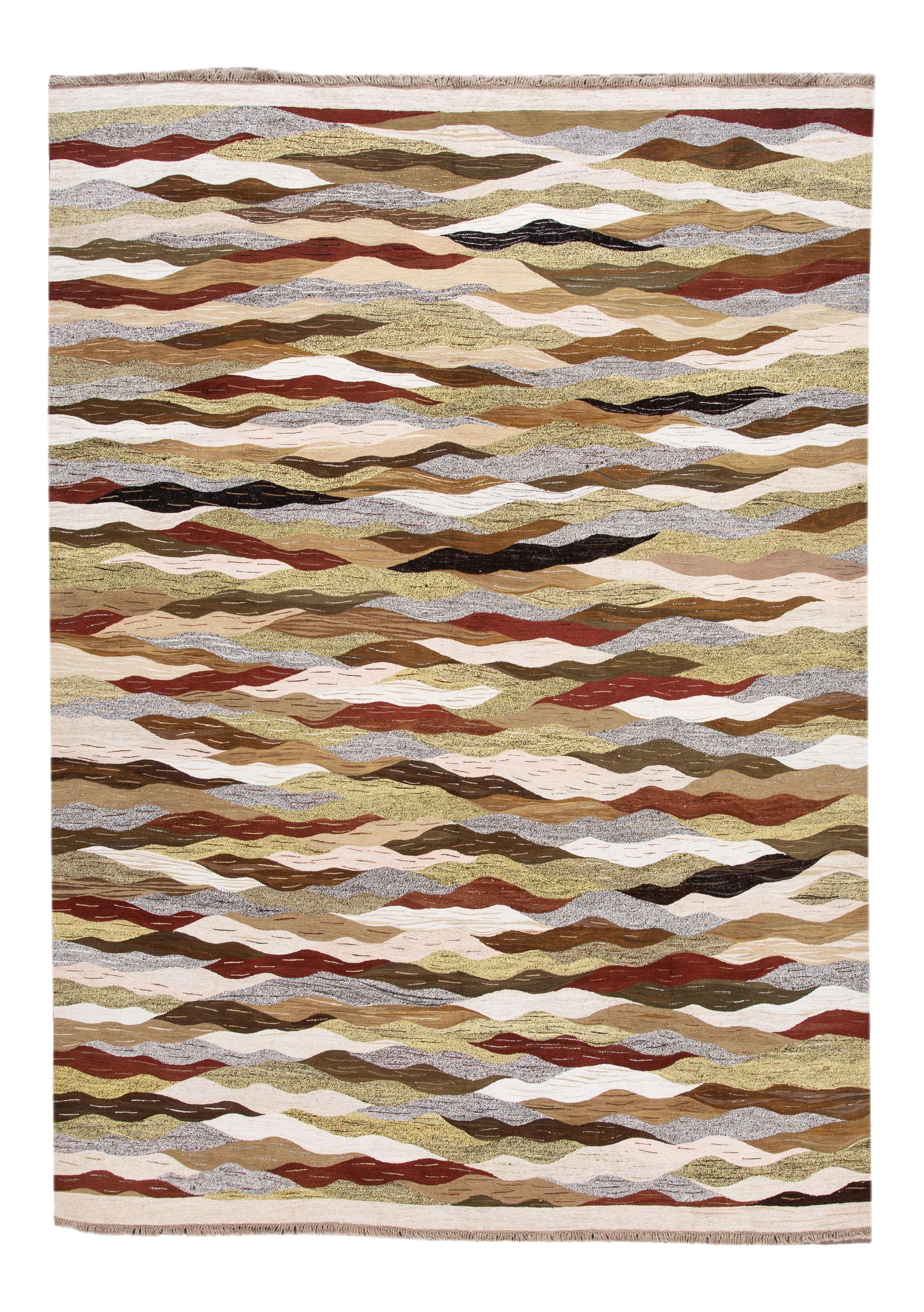 Hand-Knotted Modern Kilim Wool Rug 9' x 12'6 Tan: Hand-Knotted Modern Kilim Wool Rug 9' x 12'6 Tan Enhance your space with this stunning hand-knotted modern Kilim rug, featuring an elegant ivory field adorned with vibrant multicolor accents in an all