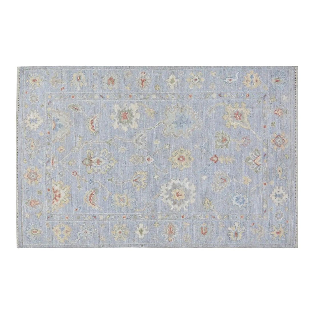 Stone Gray Wool Oushak Rug Hand Knotted 4'x6' Turkish Design: Stone Gray Wool Oushak Rug Hand Knotted 4'x6' Turkish Design This hand-knotted Turkish Oushak rug showcases traditional craftsmanship combined with a modern design sensibility. Made from wool, it offe