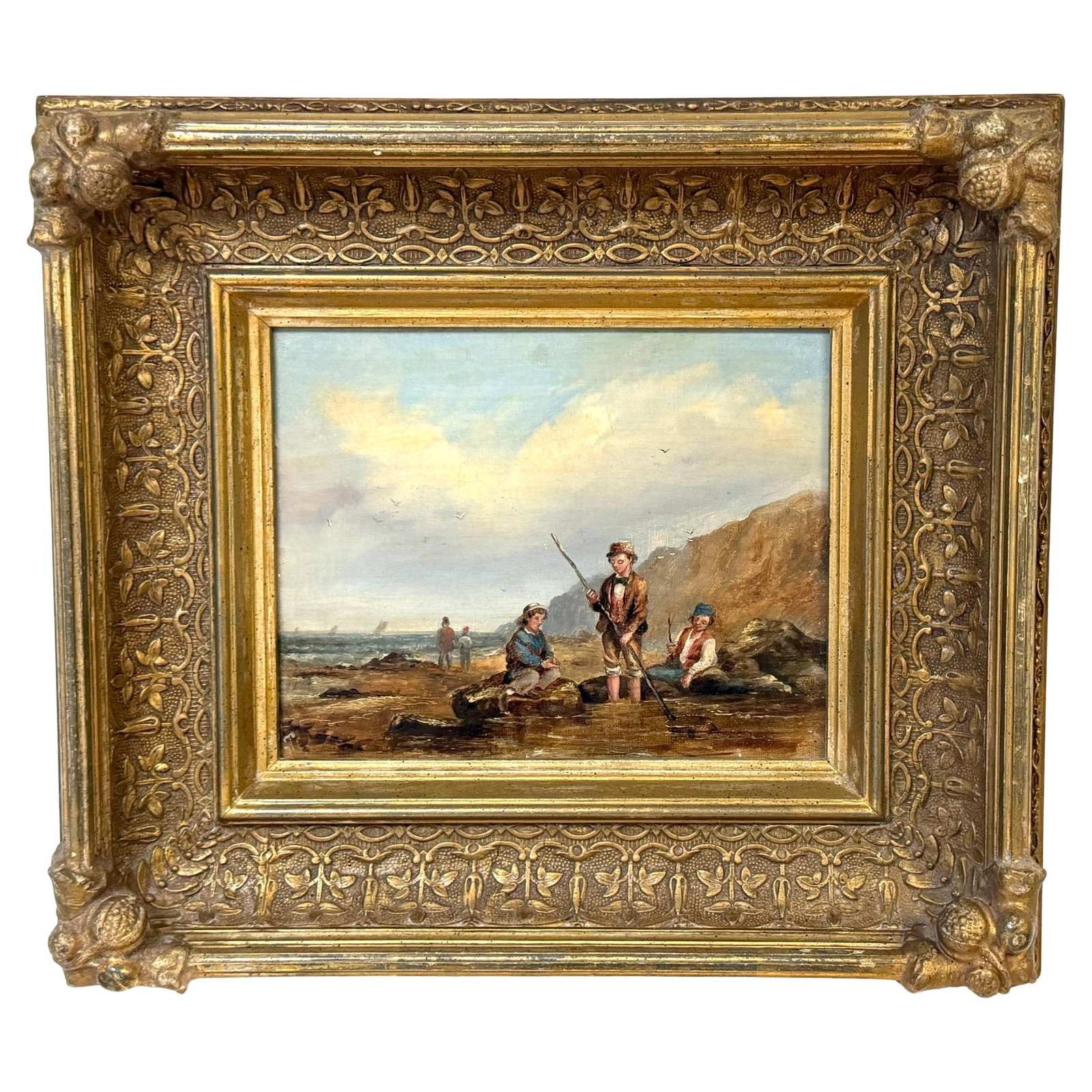 Victorian Coastal Boys Shrimping Oil Painting Attributed to Matthew Thompson 1872 (1 of 16)