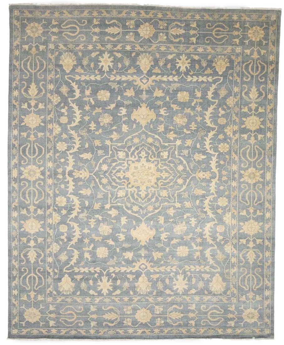 11'11 x 14'9 Indian Hand-Knotted Wool Area Rug Floral Transitional Design: 11'11 x 14'9 Indian Hand-Knotted Wool Area Rug Floral Transitional Design This hand-knotted Oriental rug features a transitional floral pattern in muted tones of gray, cream, beige, and taupe. Crafted