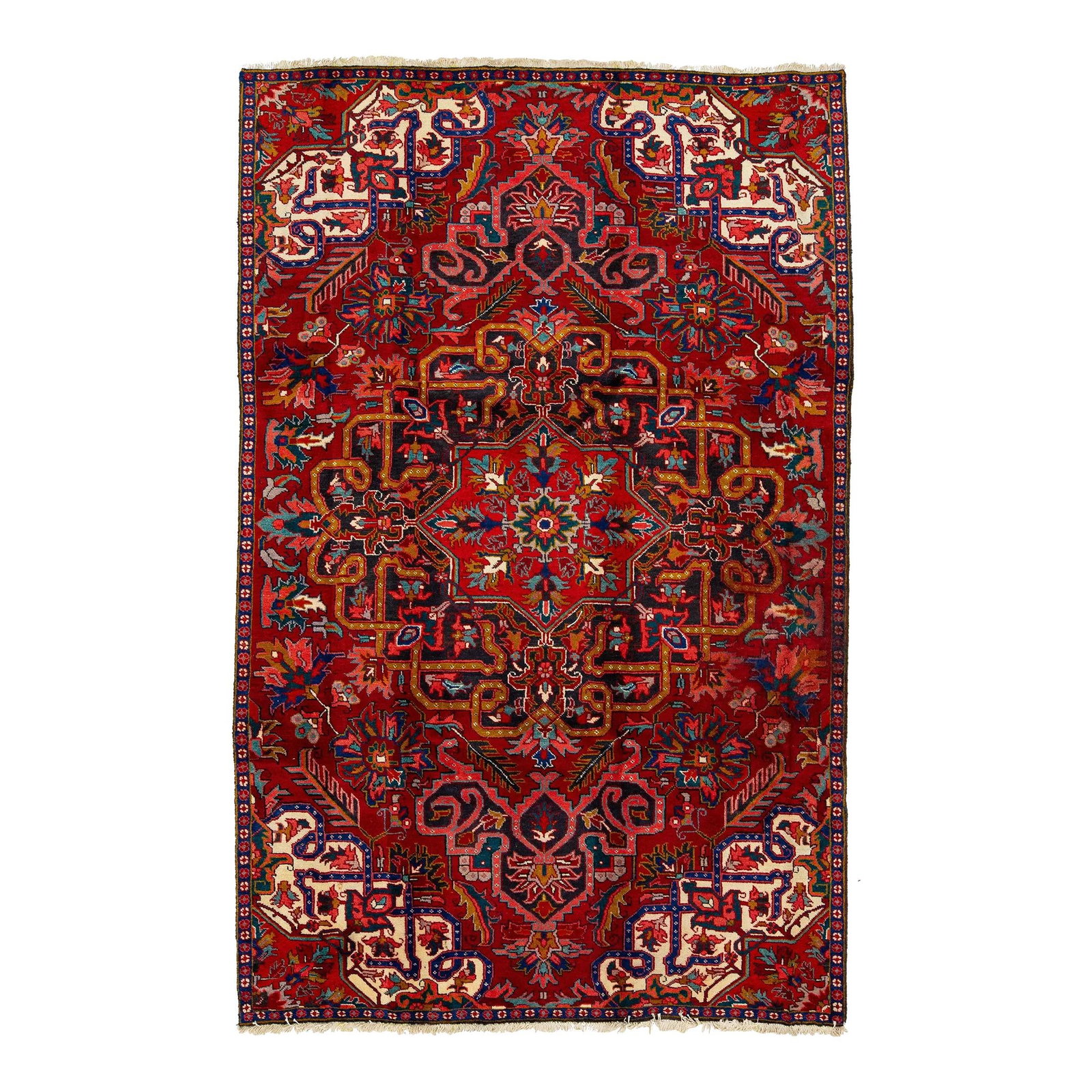 Red Vintage Heriz Hand-Knotted Wool Rug 6'2'' x 9'7'' Medallion Design: Red Vintage Heriz Hand-Knotted Wool Rug 6'2'' x 9'7'' Medallion Design This exquisite vintage Heriz handmade wool rug features a vibrant red field adorned with multicolor accents throughout the intric