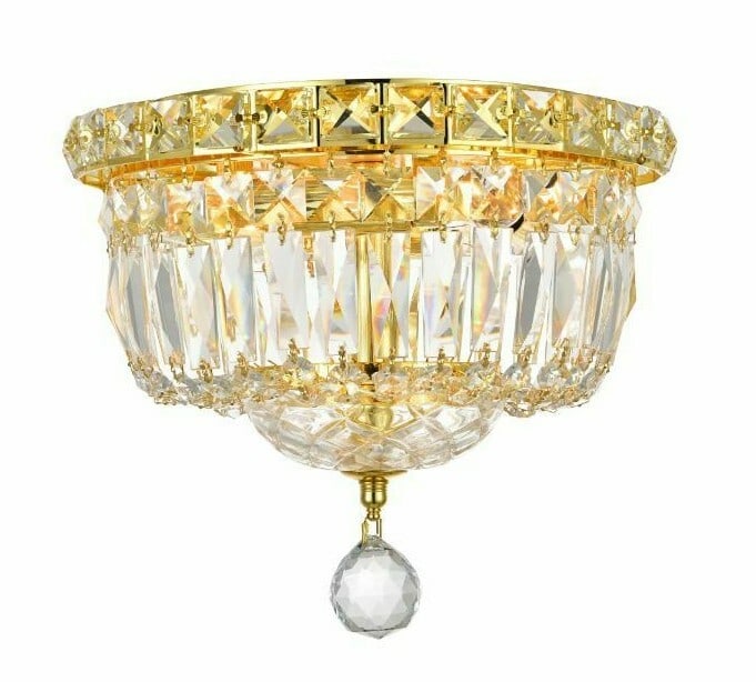 Tranquil 10 Inch Royal Cut Crystal Gold Flush Mount Ceiling Light: Tranquil 10 Inch Royal Cut Crystal Gold Flush Mount Ceiling Light This pre-owned modern flush mount ceiling light fixture features a gold finish with royal cut clear crystals and is designed for indoo