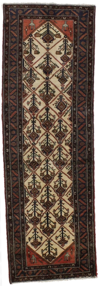 Western Asia Wool Tribal Runner Rug 3'3 x 10'0: Western Asia Wool Tribal Runner Rug 3'3 x 10'0 This semi-antique hand-knotted tribal runner rug features a vintage geometric pattern in shades of beige, orange-red, khaki, navy blue, burgundy, brown, 