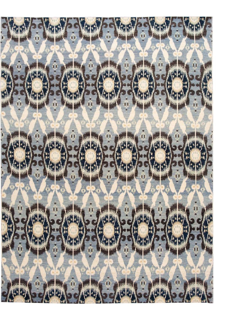 Hand-Knotted Wool Afghan Rug Blue Geometric Design 10'7 x 13'1: Hand-Knotted Wool Afghan Rug Blue Geometric Design 10'7 x 13'1 This exquisite hand-knotted wool rug features a modern transitional design, showcasing a vibrant blue field adorned with ivory and brown 