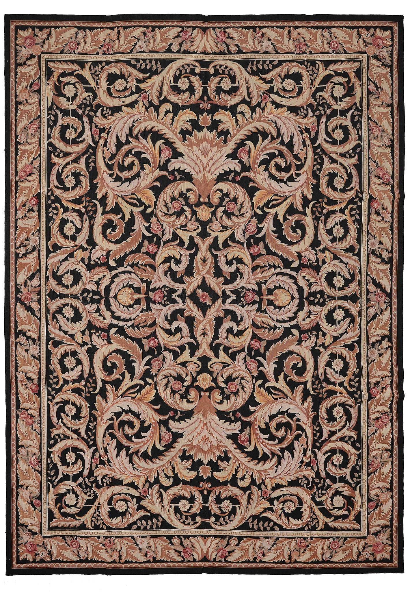 9 x 12 French Country Aubusson Flat Weave Black Rug: 9 x 12 French Country Aubusson Flat Weave Black Rug Free continental US Shipping This 9 x 12 foot French Country Aubusson rug features a flat weave construction and a bold black background that accent
