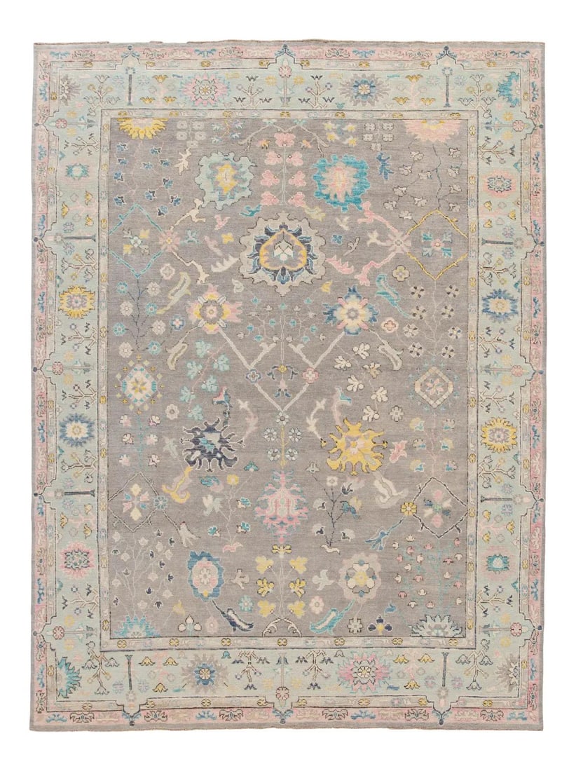 Gray Contemporary Hand Knotted Wool Oushak Rug Floral Design 9'2 x 12'3: Gray Contemporary Hand Knotted Wool Oushak Rug Floral Design 9'2 x 12'3 Immerse your space in elegance with this beautiful contemporary Oushak hand-knotted wool rug. Featuring a striking gray field, t