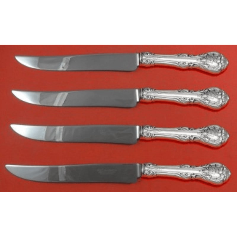 Gorham King Edward Sterling Silver Steak Knife Set 4pc 8.5 Inch: Gorham King Edward Sterling Silver Steak Knife Set 4pc 8.5 Inch Elevate your dining experience with the King Edward Steak Knife Set by Gorham. This exquisite 4-piece set features finely crafted knives