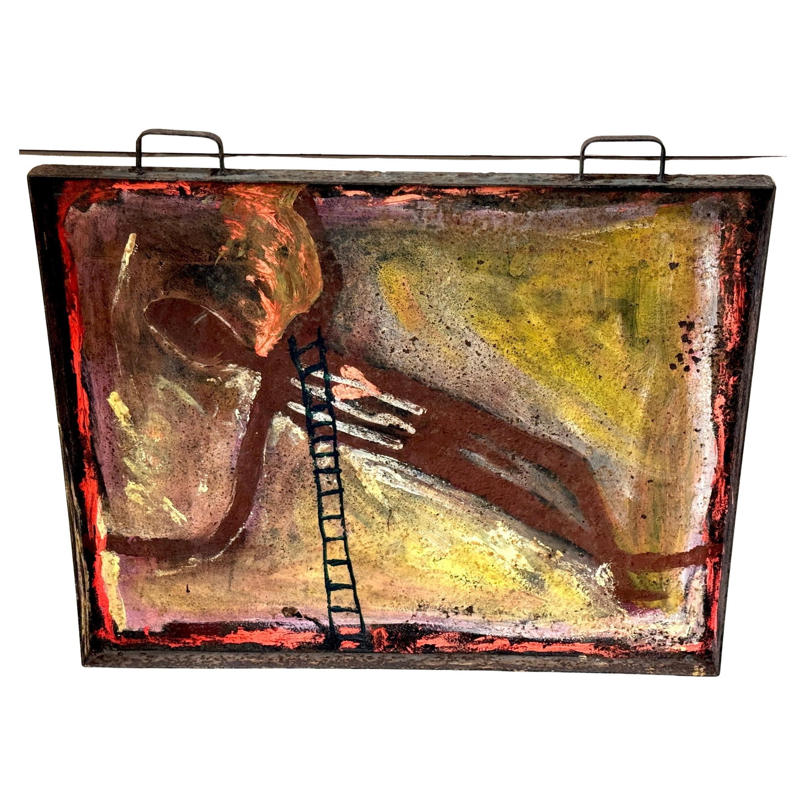 Purvis Young Burning Man Outsider Painting on Steel Tray Signed: Purvis Young Burning Man Outsider Painting on Steel Tray Signed Discover the powerful and evocative "Burning Man," a monumental outsider painting by renowned artist Purvis Young. This striking mixed m