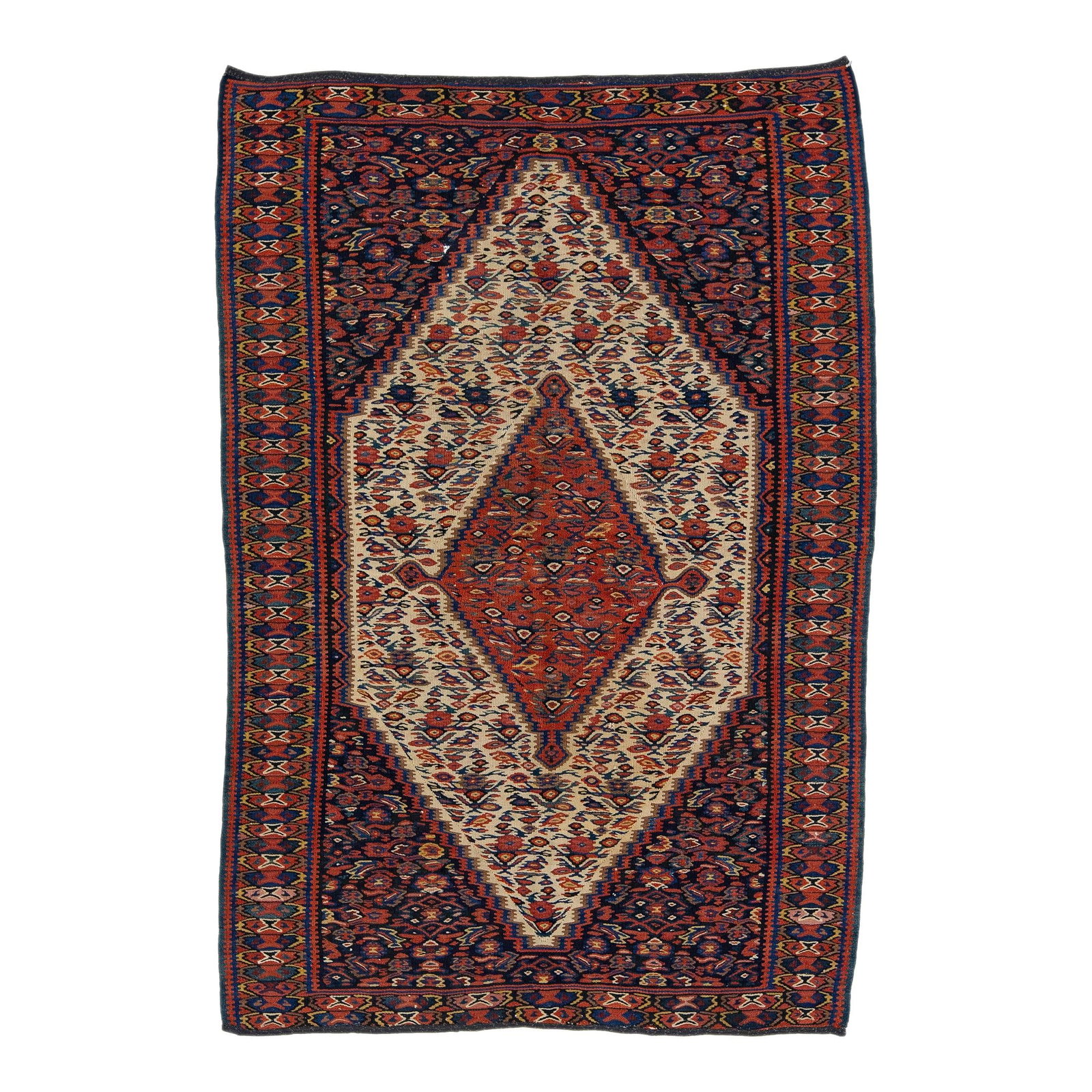 Vintage Senneh Wool Rug 3' x 5' Dark Blue Floral Motif: Vintage Senneh Wool Rug 3' x 5' Dark Blue Floral Motif This exquisite vintage Senneh wool rug boasts a deep blue background adorned with a stunning multicolored floral motif that enhances its charm. S
