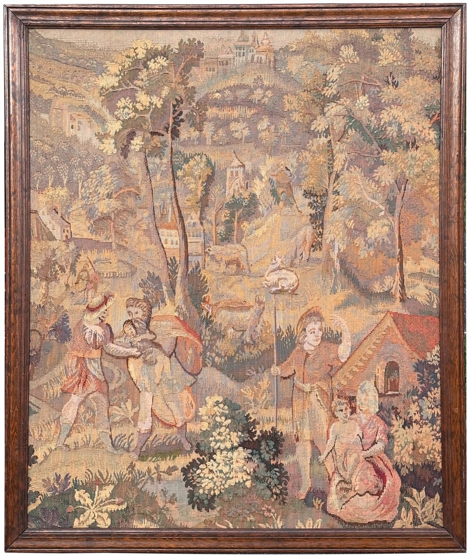 Framed French wool silk village tapestry 3'4 x 4' circa 1920 (1 of 9)