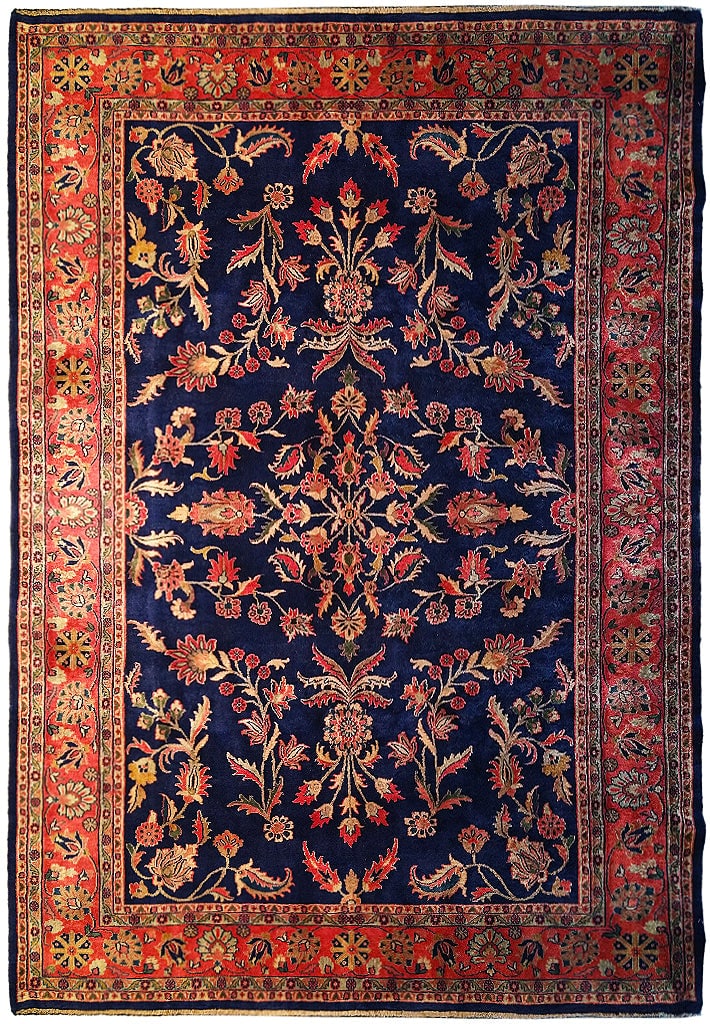 Handmade 6.6 x 9.10 Sarouk Rug in Silky Wool Dark Blue Coral Sage: Handmade 6.6 x 9.10 Sarouk Rug in Silky Wool Dark Blue Coral Sage Free continental US Shipping Introducing the 6'6" x 9'10" Fine Quality Silky Wool Handmade Sarouk Rug, a masterpiece that showcases th