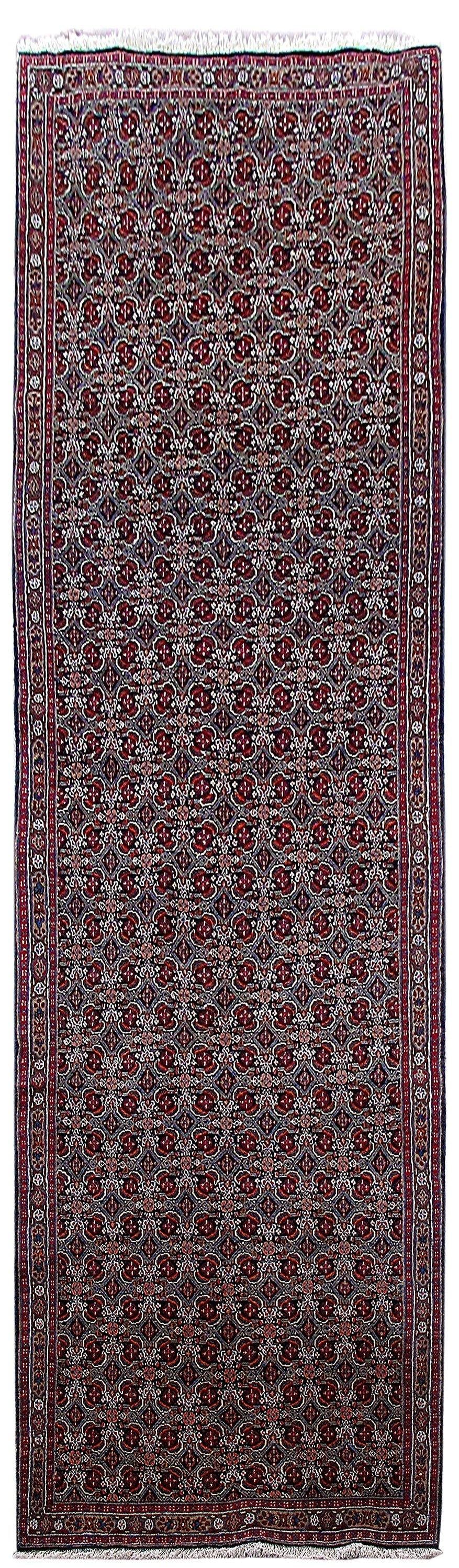 3'3" x 11'3" Brown Red Persian Mood Bijar Handmade Rug: 3'3" x 11'3" Brown Red Persian Mood Bijar Handmade Rug Free continental US Shipping Introducing the captivating 3' 3" x 11' 3" Brown Red Persian Mood Bijar Rug, a true masterpiece of enduring beauty a