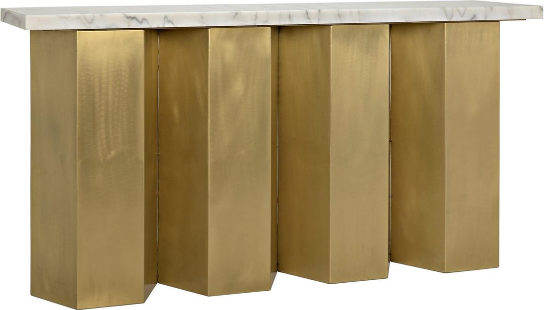 Noir Shilo Console Table - Industrial Steel Bianco Crown Marble: Noir Shilo Console Table - Industrial Steel Bianco Crown Marble The Noir Shilo Console is a stunning blend of elegance and functionality, featuring an exquisite antique brass finish paired with Bianco