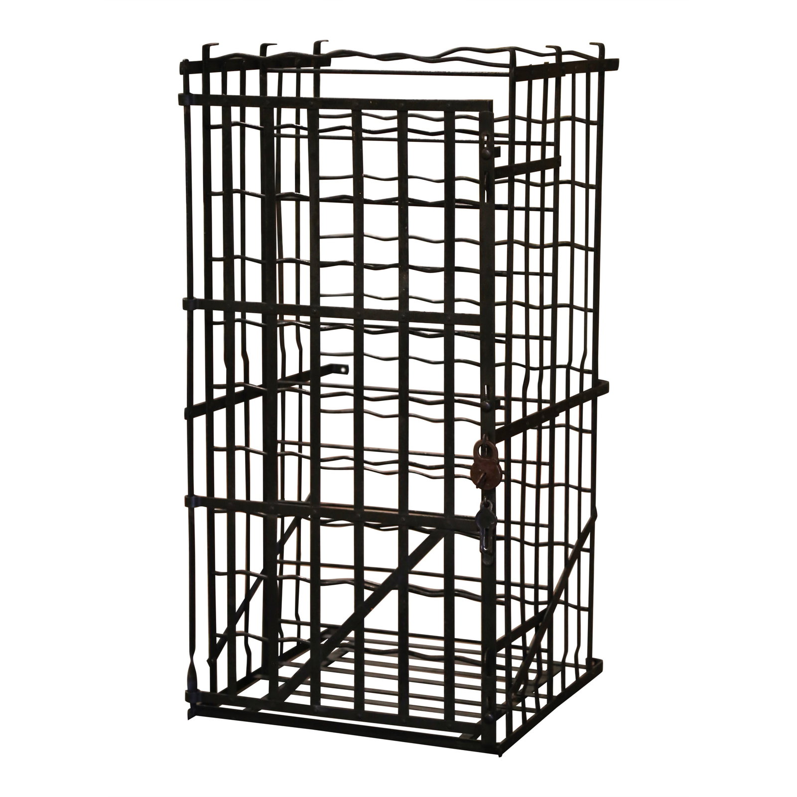 French Burgundy Iron Wine Storage Cage with Lock and Key: French Burgundy Iron Wine Storage Cage with Lock and Key This late 19th-century French wine cage from Burgundy is crafted from hand-forged iron with a matte black patinated finish. Featuring a tall, r