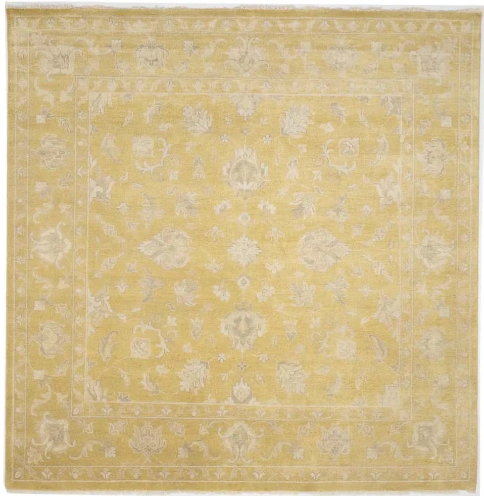 Hand-Knotted Wool Square Area Rug 10x10 Golden Floral Design: Hand-Knotted Wool Square Area Rug 10x10 Golden Floral Design This is a muted golden floral area rug featuring a transitional oriental design. Hand-knotted from wool, the rug has a square shape and med