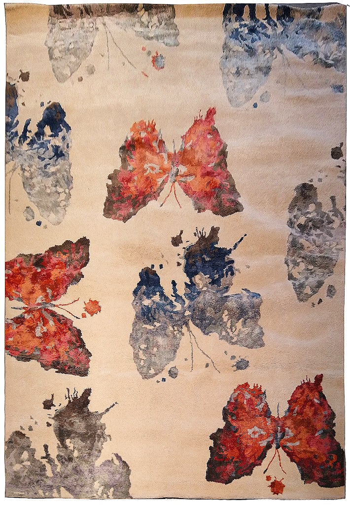 6'6" x 9'6" Handmade Contemporary Butterfly Rug from India: 6'6" x 9'6" Handmade Contemporary Butterfly Rug from India Free continental US Shipping Transform your living space with the exquisite 6' x 9' Contemporary Butterfly Rug, a stunning handmade piece fro