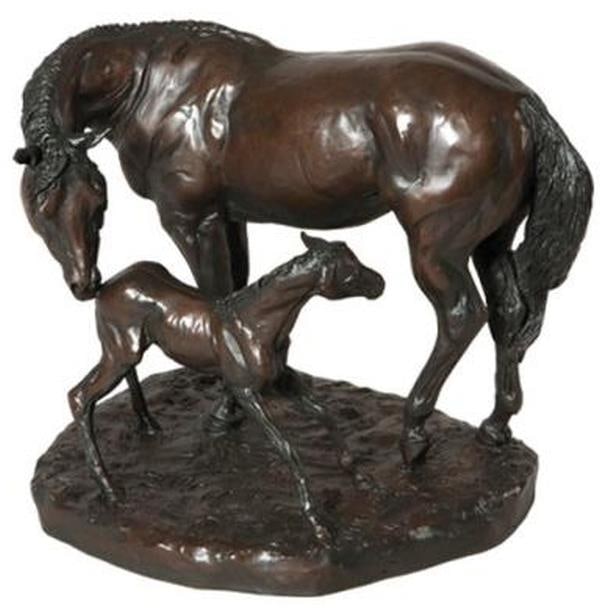 Hand-Cast Equestrian Sculpture of Mare and Foal in Lodge Style: Hand-Cast Equestrian Sculpture of Mare and Foal in Lodge Style Introducing a charming hand-crafted equestrian figurine, showcasing a horse mare with a new foal by Belden. This delightful sculpture is 