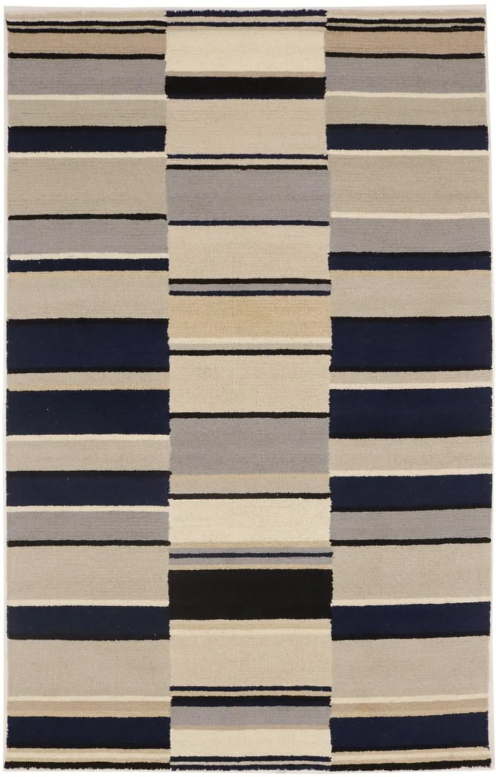 5x8 Hand-Tufted Wool Area Rug with Modern Multicolor Striped Pattern: 5x8 Hand-Tufted Wool Area Rug with Modern Multicolor Striped Pattern This hand-tufted area rug features a contemporary striped design in vibrant multicolored tones. Crafted from high-quality wool, the