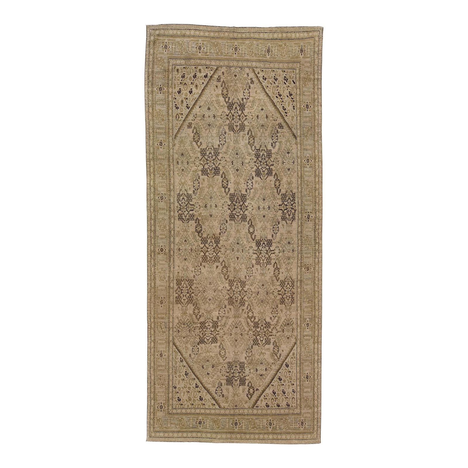 Beige Antique Karabagh Wool Rug Floral Design 6'2 x 14'6: Beige Antique Karabagh Wool Rug Floral Design 6'2 x 14'6 Enhance your living space with this exquisite handmade Karabagh wool area rug, showcasing an elegant floral design in muted tones against a ric