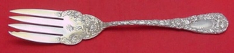 Durgin Chrysanthemum Sterling Silver Gold Washed Cold Meat Fork 9.25": Durgin Chrysanthemum Sterling Silver Gold Washed Cold Meat Fork 9.25" This elegant cold meat fork is from the renowned Chrysanthemum pattern by Durgin, crafted from high-quality sterling silver and go