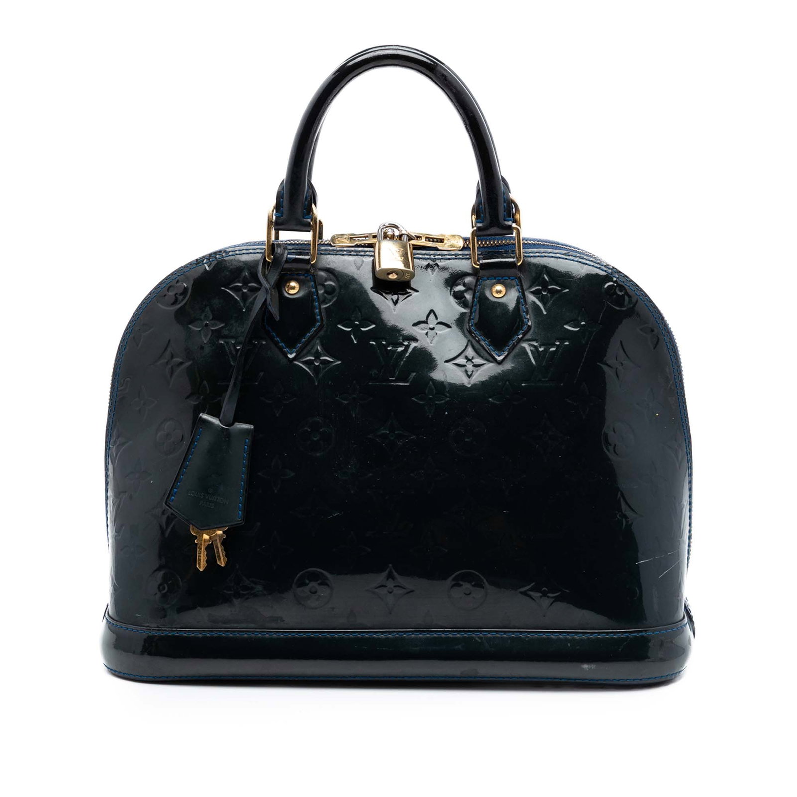 Louis Vuitton Alma PM Monogram Vernis Blue Leather Handbag: Louis Vuitton Alma PM Monogram Vernis Blue Leather Handbag This Louis Vuitton Monogram Vernis Alma PM handbag is crafted in blue leather with rolled leather handles, a top zip closure, and interior sl