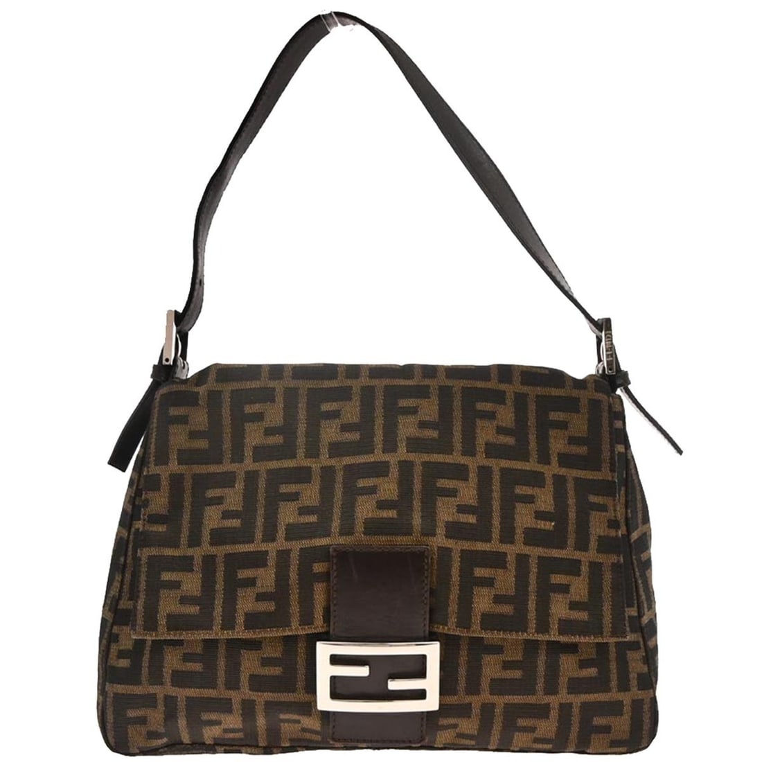 Fendi Mamma Baguette Brown Canvas Zucca Shoulder Bag 2321.26325.008: Fendi Mamma Baguette Brown Canvas Zucca Shoulder Bag 2321.26325.008 Fendi Mamma Baguette handbag in brown Zucca canvas with leather trim and silver-tone hardware. This medium shoulder bag features a m
