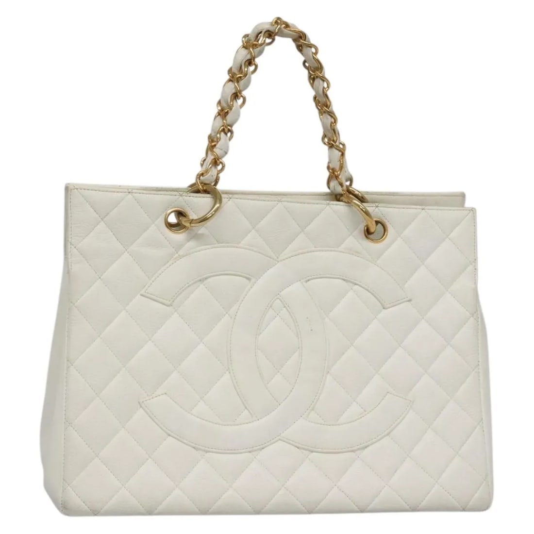 White Leather Chanel Grand Shopping Tote Vintage Quilted Handbag: White Leather Chanel Grand Shopping Tote Vintage Quilted Handbag This Chanel Vintage Grand Shopping Tote features a white quilted leather exterior and is designed for women. The tote is crafted from l