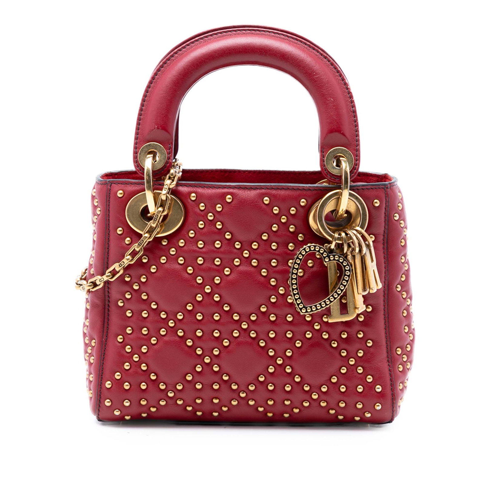 Dior Mini Cannage Studded Lady Dior Lambskin Satchel: Dior Mini Cannage Studded Lady Dior Lambskin Satchel This Mini Lady Dior satchel is crafted from supple red lambskin leather with signature Cannage quilting and studded embellishments. It features fla